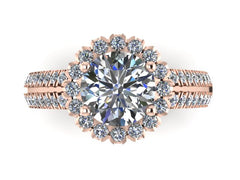 14k Gold Engagement Ring Round 7mm Charles & Colvard Forever Brilliant Moissanite Center Diamond Halo Double Shank Ring Custom - V1138