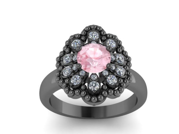 14k Black Gold Bridal Ring Morganite Engagement Ring Diamond Wedding Ring Flower Mothers Day Gift Idea Unique Bridal Jewellery Gems - V1141