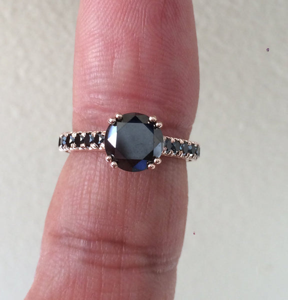 Black Diamond Engagement Ring Weding Ring Fine Jewelry Anniversary 14K Rose Gold Ring with 7mm Round Black Natural Diamond Center - V1029