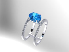 Fine Jewelry Diamond Band 14K White Gold Ring Blue Topaz Band Blue Topaz Center November Birthstone Gemstone Ring Mother's Day Gift - V1052