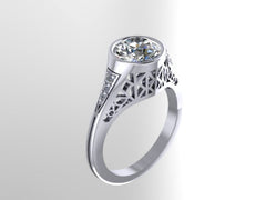 Edwardian Diamond Engagement Ring Sapphire Engagement Ring 14K White Gold Engagement with 7mm Round White Sapphire Ctr Vintage Ring- V1055