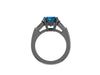 Classic Three-Stone Engagement Ring 14K Black Gold with 8mm Round London Blue Topaz Center and Two Baguette Moissanite Side-Stones - V1068