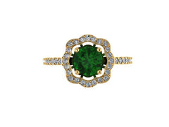 Diamond Flower Engagement Ring 14K Yellow Gold Wedding Ring Green Emerald Flower Engagement Ring Gift Ideas For Her May Birthstone - V1078