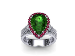 Emerald Engagement Ring Pink Sapphire Halo 14K White Gold Pear Shape Green Emerald Natural White Diamond Fine Jewelry Unique Mother's- V1089