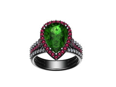 Diamond Engagement Ring Pink Sapphire Halo Wedding Ring 14K Black Gold Ring Pear Shape Green Emerald Engagement Ring May Birthstone-V1089