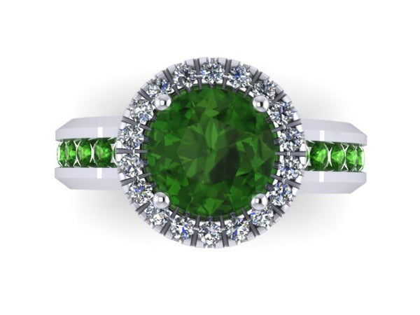 Diamond Halo Emerald Engagement Ring Gemstone Engagement 14K White Gold Green Emerald Ring with 7mm Round Green Emerald Bridal Ring - V1032
