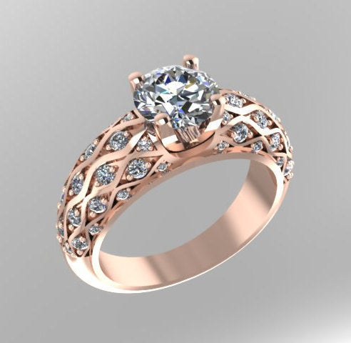 Moissanite Engagement Ring 14K Rose Gold Ring with 6.5mm Round Charles and Colvard Forever One Moissanite Center Bridal Jewelry- V1040