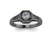 Edwardian Moissanite/Black Diamond Engagement Ring 14K White, Black, Rose, Yellow Gold - V1118