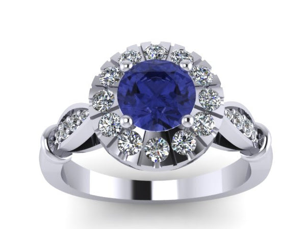 Blue Sapphire Engagement Ring Natural White Diamond Wedding Ring 14k Bridal Jewelry Marriage Wedding - V1140