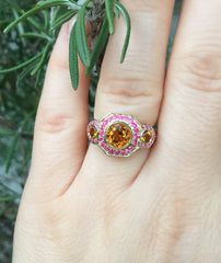 Art Deco 6mm Citrine Center Pink Sapphire Engagement Ring Gemstone Ring Vintage Wedding Three Stone Ring 14K Yellow Gold Fine Jewelry -V1111