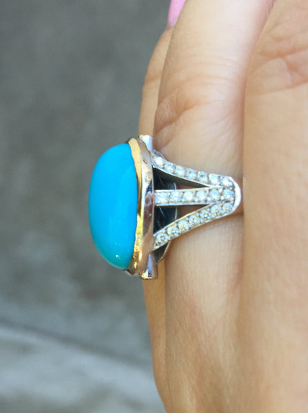 Turquoise Engagement Ring Diamond Cocktail Ring 14K White Gold With Oval Turquoise Center Valentine's Gift December Brithstone Blue- V1123