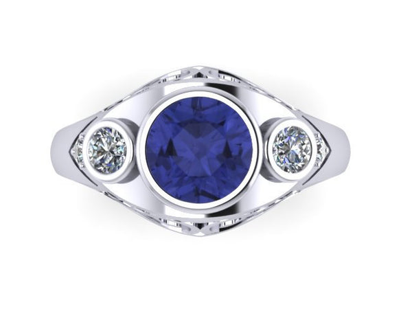 Blue Sapphire Engagement Ring Vintage Engagement Ring Diamond Ring Filigree Design 14k White Gold Bridal Ring Wedding Anniversary - V1145