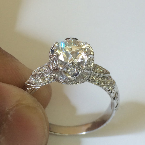 Forever One Engagement Ring Estate Fine Jewelry Diamond Vintage Engagement Ring Engraved Jewelry 14k White Gold Engagement Ring Uniuqe-V1154