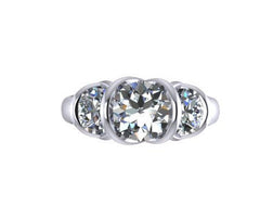 Three-Stone Engagement Ring 14K White Gold with 6.5mm Round Forever One Moissanite Ctr & 2 Round 5mm F1 Moissanite Side-Stones Unique- V1070