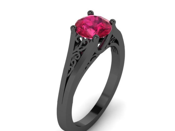 Ruby Engagement Ring Wedding Ring 14K Black Gold Unique Bridal Ring Filigree Design Fine Jewelry Chrsitmas Gift Edwardian Holiday Gift-V1155
