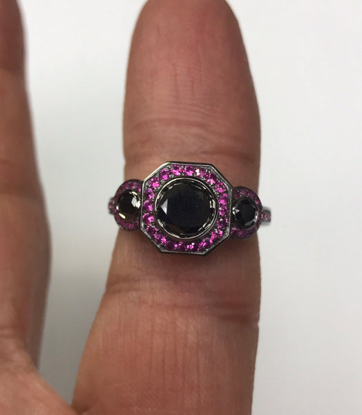 Art Deco 6mm Natural Black Diamond Center Pink Sapphire Engagement Ring Vintage Wedding Three Stone Ring 14K Black Gold Fine Jewelry -V1111