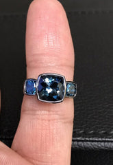 Cushion Cut London Blue Topaz Ring 14k Black Gold Engagement Ring Statement Ring Bridal Ring Proposal Ring Unique Three Stone Ring - V1152
