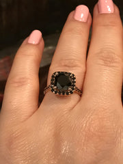Halo Black Diamond Engagement Ring Wedding Ring 14K Rose Gold with 8mm Round Genuine Black Diamond Center Unique Engagement Ring - V1090