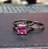 Pink Sapphire Engagement Ring Matching Diamond Band 14k Black Gold Bridal Set Princess Cut Sapphire Unique Wedding Ring Valentine's - V1156