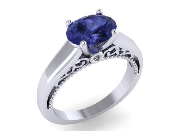 Oval Blue Sapphire White Gold Engagement Ring Diamond Ring Unique Engagement Fine Jewelry Filigree Sapphire Engagement Ring Marriage  -V1160