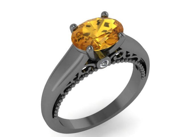 Oval Citrine Engagement Ring 14k Black Gold Diamond Ring Proposal Fine Jewelry Filigree Engagement Ring Marriage Bridal Genuine Gems - V1160