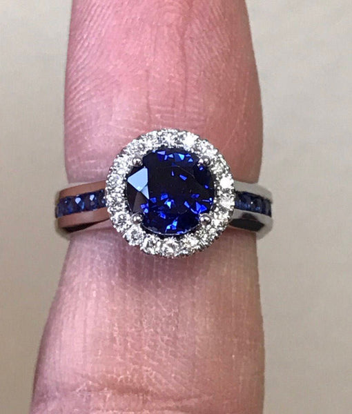 RESERVED for Corey - 2nd of 6 Payments - Blue Sapphire Engagement Ring 14K White Gold Ring Diamond Halo Ring - V1032