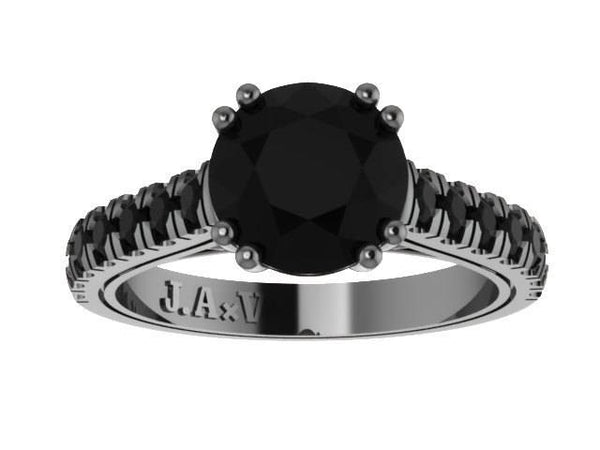 Black Diamond Engagement Ring Weding Ring Fine Jewelry Gift 14K Black Gold Ring with 7mm Natural Round Black Diamond Center Xmas Gift- V1029