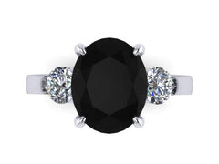 Oval Genuine Black Diamond Engagement Ring With Forever One Moissanite Side Stones 14k White Gold Three-Stone Wedding Bridal Ring - V1164