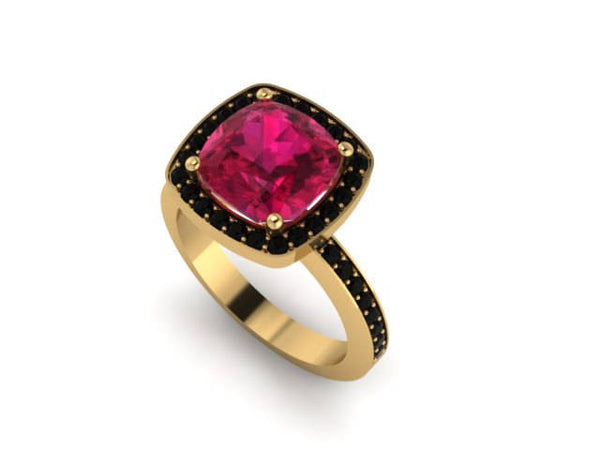 Ruby Engagement Ring Black Diamond Wedding Ring 14K Yellow Gold Ring with 9x9mm Ruby Center  Original Vintage Rings Victorian Jewelry- V1098