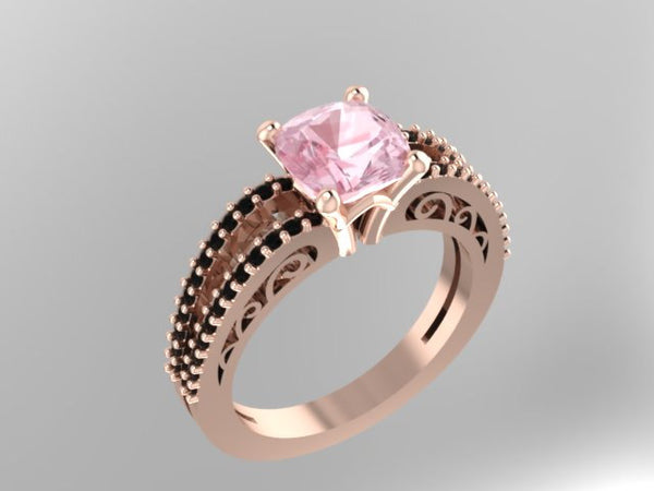 Black Diamond Engagement Ring 14K Rose Gold Wedding Ring 6x6mm Cushion Cut Morganite Center Gemstone Bridal Jewelry Unique Mother's - V1065