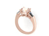 Classic Three-Stone Morganite Engagement Ring 14K Rose Gold with 8mm Round Morganite Center and Two Baguette Moissanite Side-Stones - V1068