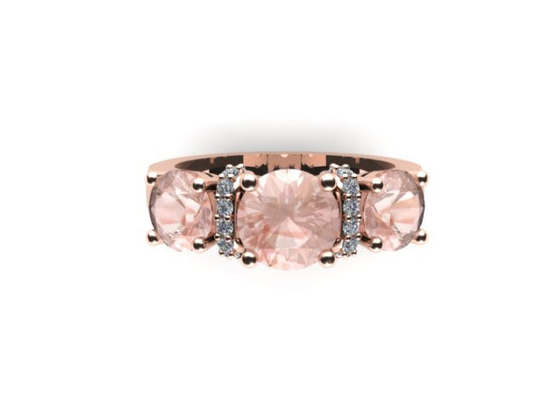 Three-Stone Engagement Ring With Diamonds 14K Rose Gold Gemstone Ring with 6.5mm Round Morganite Center and Two 5mm Side-Morganites - V1069