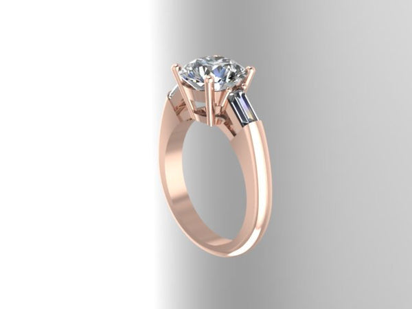 Three-Stone Engagement Ring 14K Rose Gold with 8mm Round Brilliant Moissanite Center and Two Baguette Moissanite Side-Stones - V1068
