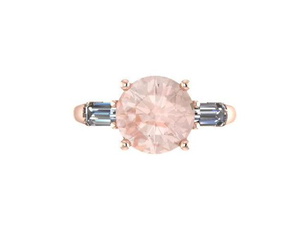 Classic Three-Stone Morganite Engagement Ring 14K Rose Gold with 8mm Round Morganite Center and Two Baguette Moissanite Side-Stones - V1068