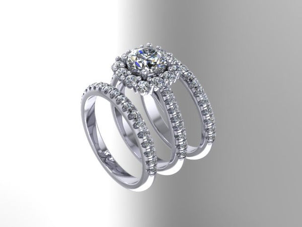 Diamond Halo Engagement Ring Forever One Moissanite Engagement with Two Genuine Diamond Matching Bands 14K White Gold Bridal Set - V1071