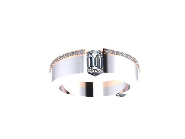 Diamond Two-Tone Engagement Ring Emerald Cut Moissonite Engagement Ring 14K White & Rose Gold with 5x3mm Moissanite Center Bridal - V1079