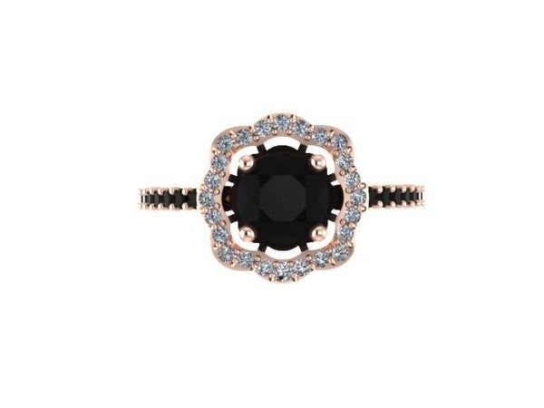 Black Diamond Flower Engagement Ring 14K Rose Gold with 6.5mm Black Diamond Center Natural Diamonds Ring Valentine's Gift Unique Rings-V1078