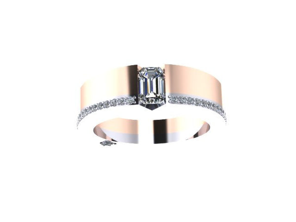 Diamond Two-Tone Emerald Cut Forever Brilliant Moissonite Engagement Ring 14K White & Rose Gold with 5x3mm Moissanite Center Unique - V1079