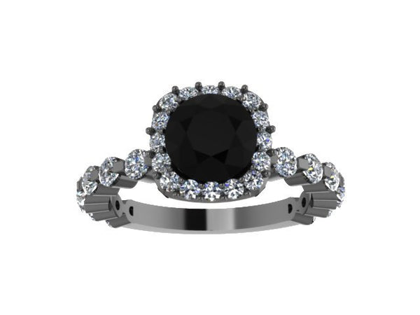 Natural Black Diamond Engagement Ring 14K Black Gold Ring with 6.5mm Round Black Diamond Center Valentine's Gift Conflict Free Gems - V1085
