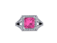 Pink Sapphire Engagement Ring Princess Cut Diamond Marriage Ring 14K White Gold with 6.5x6.5mm Pink Sapphire Center Bridal Jewelry - V1087