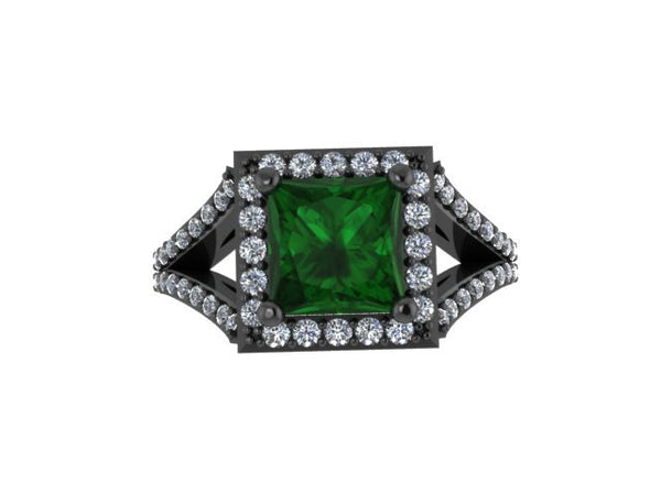 Emerald Engagement Ring Princess Cut Diamond Engagement Ring 14K Black Gold with 6.5x6.5mm Green Emerald Center Fine Jewelry Gems - V1087