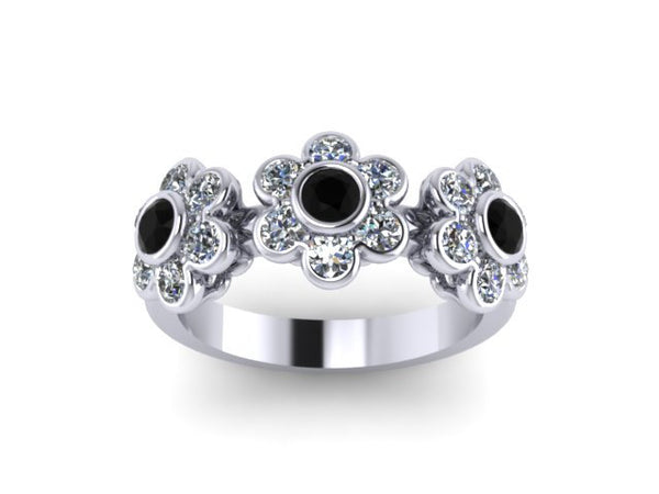 Black Diamond White Diamond Band Flower Design Band 14K White Gold Flower Ring Feminie Rings Statement Ring Special Gift For her - V1088