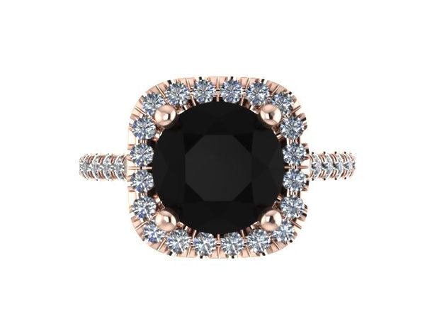 White Diamond Halo Engagement Ring Wedding Ring 14K Rose Gold with 8mm Genuine Round Black Diamond Center Mother's Day Gift Unique - V1090