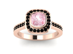 Morganite Engagement Ring Cushion Cut Morganite Black Diamond Halo 14K Rose Gold Gemstones Valentines Gift Valentine's Jewelry Rings - V1092