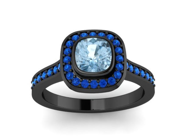 Cushion Cut Aquamarine Engagement Ring Halo Genuine Blue Sapphire Wedding 14K Black Gold with 5x5mm Aquamarine Center March Birthstone-V1092