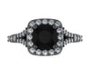 Black Diamond Engagement Ring Gemstone Ring 14K Black Gold Ring Cushion Halo with White Diamonds and 6.5mmt Round Black Diamond Ctr - V1025