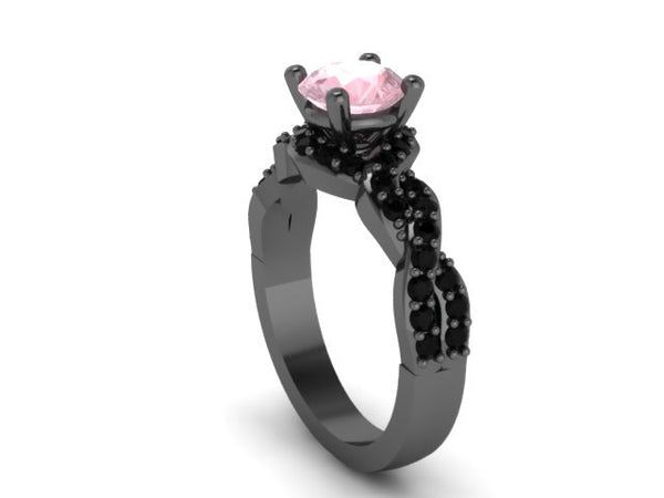 Black Diamond Morganite Engagement Ring Wedding RIng 14K Black Gold Anniversary Ring with 6.5mm Round Peachy Morganite Center Unique - V1033