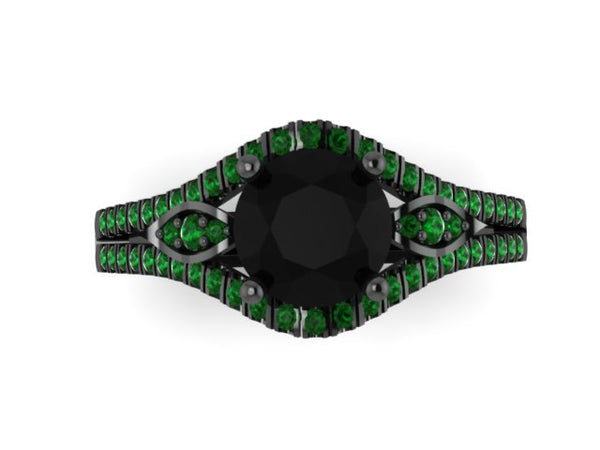 Green Emerald Engagement Ring 14K Black Gold Diamond Wedding Ring with 1.20ct Round Black Diamond Center Valentine's Gift Gemstones- V1000