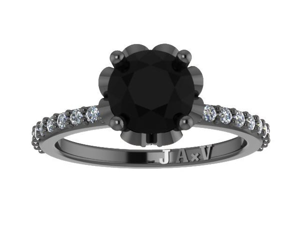 Natural Black Diamond Engagement Ring Handmade Fine Jewelry 14K Black Gold Wedding Ring with 1.15ct Round Natural Black Diamond Ctr - V1006