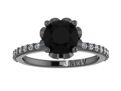 Natural Black Diamond Engagement Ring Handmade Fine Jewelry 14K Black Gold Wedding Ring with 1.15ct Round Natural Black Diamond Ctr - V1006